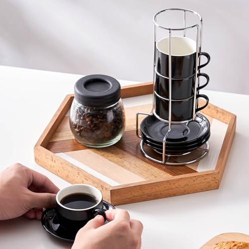 2.5oz Espresso Cups Set of 4, Small Stackable Coffee Cups with Saucers and Metal Stand, Ceramic Demitasse Cups, Cappuccino Cups for Coffee Drinks, Latte, Black - color: Black, size: 2.5oz