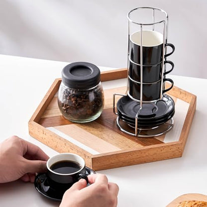 2.5oz Espresso Cups Set of 4, Small Stackable Coffee Cups with Saucers and Metal Stand, Ceramic Demitasse Cups, Cappuccino Cups for Coffee Drinks, Latte, Black - color: Black, size: 2.5oz