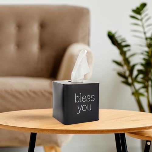 AuldHome Design Square Tissue Box Cover (Black); Modern Farmhouse Enamelware Tissue Holder - color: Black With "Bless You"