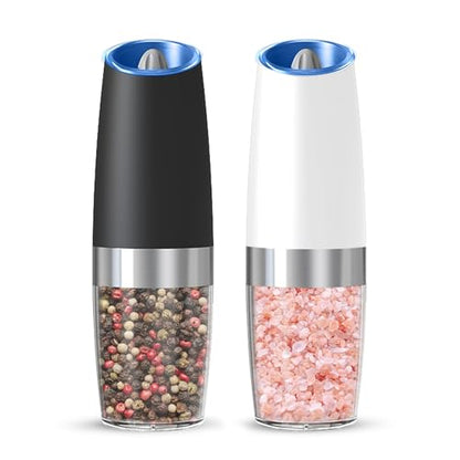 Battery Gravity Salt Pepper Grinder Set, 2 Pack (Black & White) | Gravity Automatic Grinder With LED Light & Adjustable Roughness, Each Requires 6 AAA Batteries For Kitchen Daily Seasoning - color: Battery/Set/ Black+White