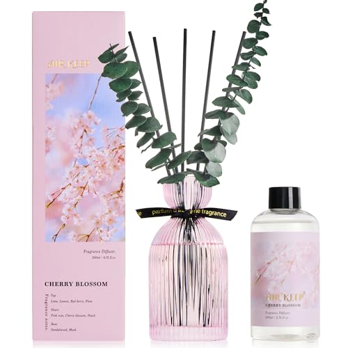 Reed Diffuser Set, Cherry Blossom, 6.76 oz | Diffuser Sticks, Decorative Eucalyptus, Ribbed Glass Bottle, Home Fragrance for Bathrooms and Bedrooms - color: Cherry Blossom