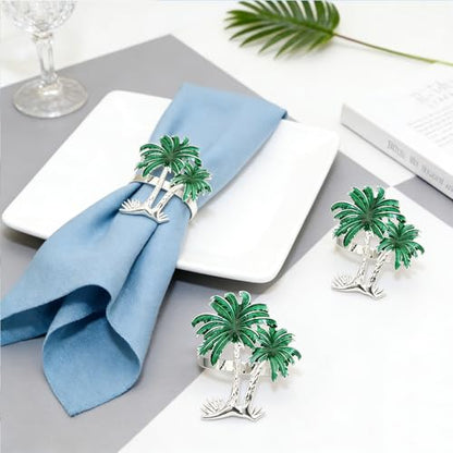 Palm Tree Napkin Rings Set of 6 Tropical Coastal Napkin Holder Ring for Spring Party Summer Wedding Decor,Green Coconut Tree Dining Table Setting for Hawaii Holiday Gatherings & Beach House - style: Palm Tree