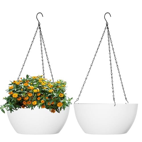 WSMKSZ 10 inch Hanging Planters for Outdoor Indoor Plants with Drainage Holes and Chain, 2 Pack Round Hanging Flower Plant Pots for Garden Home Porch Decor, White - color: White, size: 10inch 2pcs