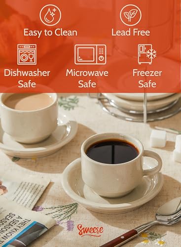 Sweese Porcelain Espresso Cups Set, 2.5 oz, with Saucers, Metal Stand, Stackable - Dove Grey, 4 Pack - color: Dove Grey, size: 2.5 Ounces
