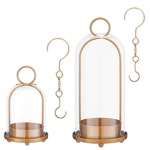Hurricane Glass Candle Holders for Pillar Candles Set of 2 (5" & 4" Wide), Gold Metal Candlestick Holders, Modern Decorative Centerpiece Lanterns for Table Mantel Wedding Housewarming Gift - color: Gold