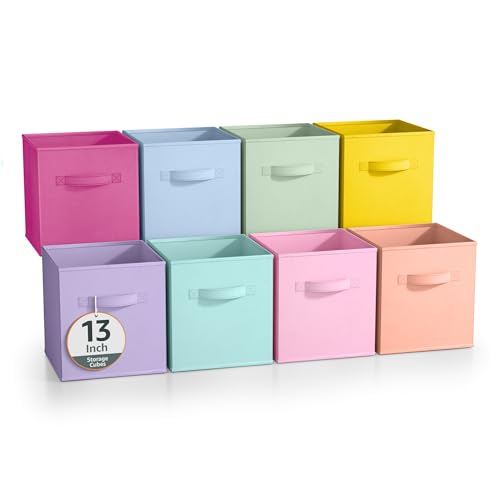 Sorbus Fabric Storage Cubes - 8 Foldable Storage Bins for Organizing Pantry, Cubbies, Toy Box - Clothes Storage & Closet Organizer - 13 Inch Collapsible Cube Baskets for Shelves with Handle - color: Pastel, size: 13 Inch