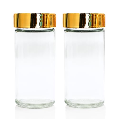 Tianifa 2pcs Gold Spice Jars, 3 oz Glass Seasoning Bottles, Spices Container, Empty Spice Jars, Round Spice Bottles with Airtight Plastic Caps with Shaker Lids (2, gold) - color: Gold Lids, size: 2pcs