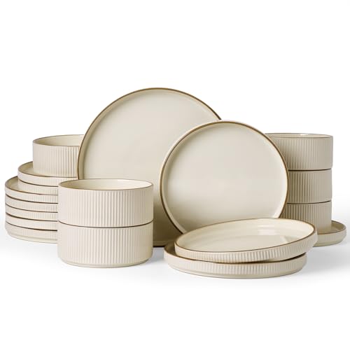 Famiware Stoneware Dishes Dinnerware Sets for 6, Plates and Bowls with Trim | 18pc Ceramic Dinner Set with Lipped Edges, Chip & Scratch Resistant , Microwave & Dishwasher Safe, Everyday Formal Use, Cream - color: Cream, size: Service for 6