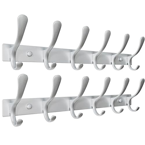 SKOLOO Coat Rack Wall Mounted - 6 Hooks, Pack of 2, Heavy Duty, Stainless Steel, Metal Wall Hanger, Sturdy Coat Hooks for Hanging Coats, Jacket, Clothes, Hat, Cold Light Silver - color: Matte Silver, size: 6 Hook(2 Pack)