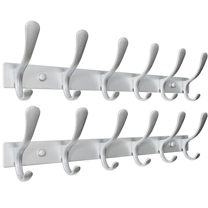 SKOLOO Coat Rack Wall Mounted - 6 Hooks, Pack of 2, Heavy Duty, Stainless Steel, Metal Wall Hanger, Sturdy Coat Hooks for Hanging Coats, Jacket, Clothes, Hat, Cold Light Silver - color: Matte Silver, size: 6 Hook(2 Pack)