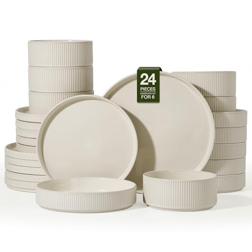 Famiware Stoneware Dinnerware Set with Pasta Bowls, Oat White Dishes for 6 | 24-Piece Ceramic Double Bowls & Flat Plates, Chip & Scratch Resistant, Microwave & Dishwasher Safe, Everyday Dining, Modern - color: Oat White, size: Service for 6 - Double Bowls