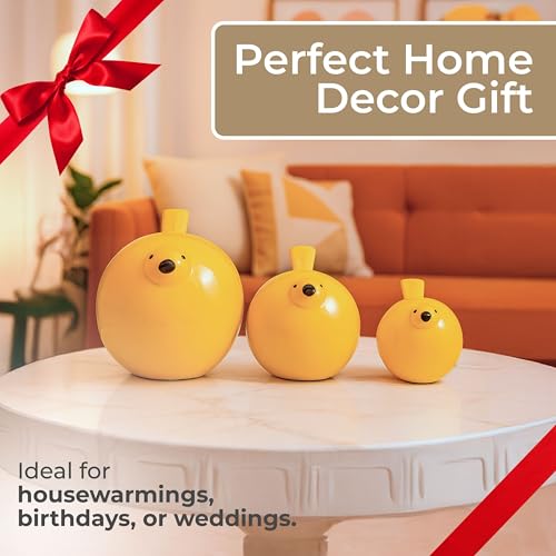 Set of 3 Bird Decorative Figurine – Ceramic Stoneware Decor Sculpture Accent – Figurines & Sculptures Home Decor for Office, Bedroom & Living Room – 8", 6" & 4", Yellow