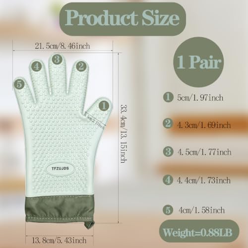 Silicone Oven Gloves with Fingers Heat Resistant 450°F in Kitchen | 1Pair Silicone Oven Mitts, Waterproof, Non-Slip, Extended Cuff Cotton Lined Kitchen Mitts for Baking Cooking Barbecue(Green) - style: green-large