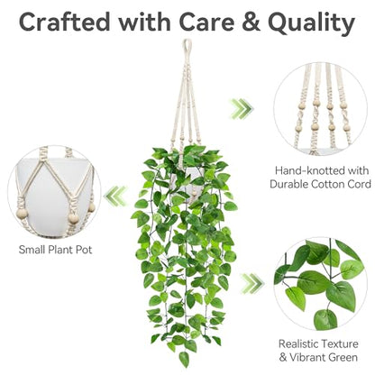 USLAI Fake Hanging Plant, Artificial Pothos Vines Greenery with Pot and Macrame Plant Hanger for Indoor Outdoor Boho Decor - size: 1 Pack
