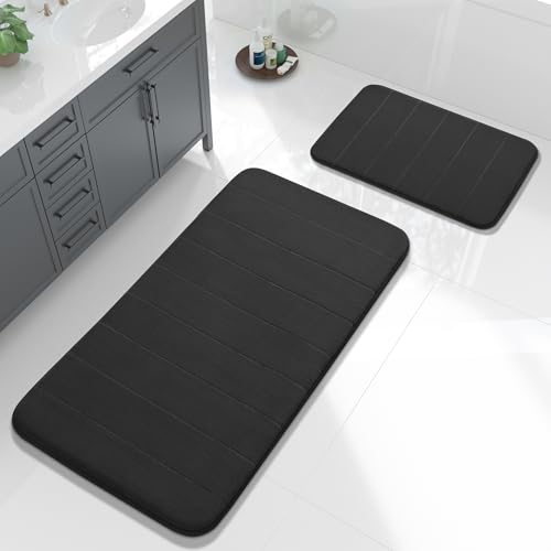 Yimobra Large Bath Mat Set 2 Piece- Super Soft Absorbent Quick Dry Memory Foam Bathroom Rugs, Machine Washable Non Slip Floor Carpet for Tub Shower & Double Vanity (17x24 & 44x24, Black) - color: Black, size: 44x24+24x17 Inch
