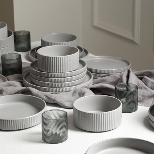 Stone Lain Haven Stoneware 32-Piece Dinnerware Set, Plates and Bowls Sets for 8, Grey Dish Set, Includes Dinner and Salad Plates, Cereal Bowls, Glassware, Microwave & Dishwasher Safe - color: Gray, size: 32-Piece - Drinking Glasses