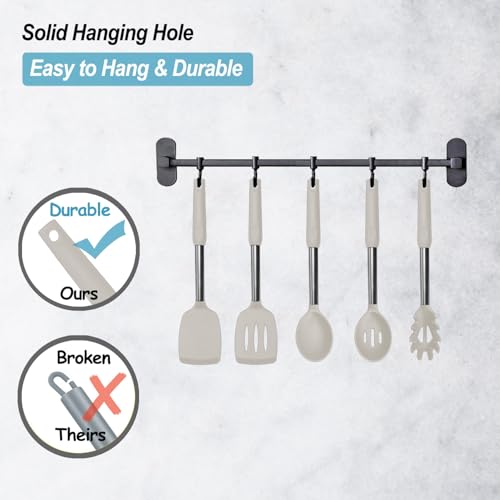 Silicone Spatula and Cooking Spoon,5 Pack Non-Stick Cooking Utensils for Kitchen，Heat Resistant Solid & Slotted Spoons and Spatulas, Stainless Steel Handle Coated with Silicone, Khaki - color: Khaki