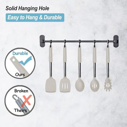 Silicone Spatula and Cooking Spoon,5 Pack Non-Stick Cooking Utensils for Kitchen，Heat Resistant Solid & Slotted Spoons and Spatulas, Stainless Steel Handle Coated with Silicone, Khaki - color: Khaki