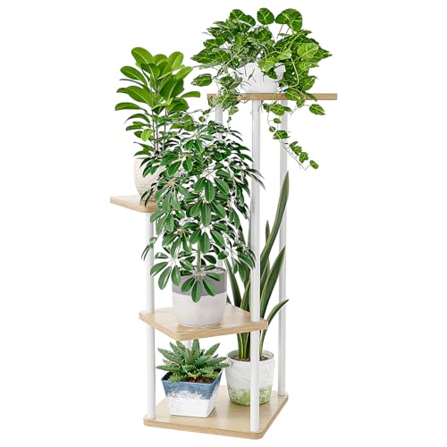 Bamworld Small Plant Stand Indoor Metal Plant Shelf for Multiple Plants | 4 Tier Corner Flower Stand for Patio Garden Balcony Living Room Bedroom White - color: White Oak, size: 4 Tier