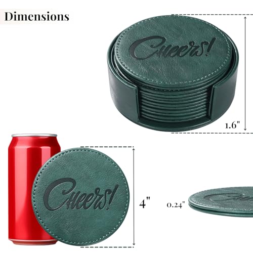 Coasters for Drinks Set of 6 with Holder, 6-Piece Leather Coasters with Embossed Cheers Marks - Durable Drink Coasters Set for Home, Bar, or Office - Green - color: Green