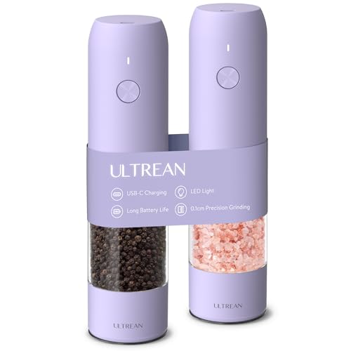 Ultrean Pepper Grinder, Rechargeable Salt and Pepper Grinder with 6 Adjustable Coarseness, LED Light, Automatic Salt and Pepper Shakers, Kitchen Gadgets, Gifts for Women, Lavender Purple - color: Lavender Purple