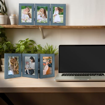 Golden State Art, 4x6 Triple Picture Frame Blue- Real Glass, 1 Pack | Trifold Photo Frame Vertical Display for Desktop - Three Folding Picture Collage - color: Blue, size: 4x6(1 Pack)