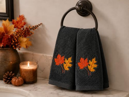 Harvest Fall Fingertip Towels for Bathroom: Autumn Plush Dark Grey Gray Autumn Leaf Design, 100% Cotton Towels, Set of 2, 12" x 18" - color: Autumn Leaf Grey