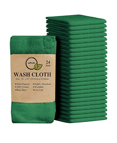 100% Cotton Washcloths 24 Pack (12x12 Inches) Soft, Highly Absorbent Washcloth, Face Towels, Wash Cloths for Face, Ring Spun, Bulk Pack (Dark Green) - color: Dark Green, size: 24 Pack