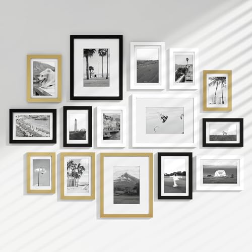 15 Pack Picture Frames Collage Wall Decor, Gallery Frame Set for Wall Mounting or Tabletop Display, Multi Sizes Including 3pcs 8x10, 6pcs 5x7, 6pcs 4x6, Black+White+Gold - color: Black + White + Gold