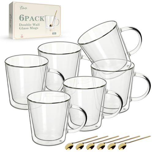 LIBWYS 12oz Double Wall Glass Coffee Mugs, Cappuccino Latte Tea Cups with Handle, Heat Resistant Borosilicate Insulated Clear Glasses (Set of 6) - size: 6x12oz coffee mugs
