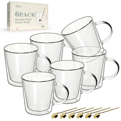 LIBWYS 12oz Double Wall Glass Coffee Mugs, Cappuccino Latte Tea Cups with Handle, Heat Resistant Borosilicate Insulated Clear Glasses (Set of 6) - size: 6x12oz coffee mugs