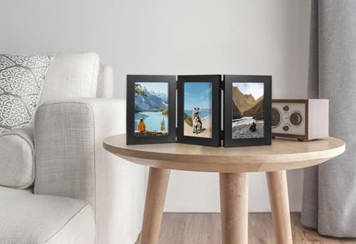 Black Double Photo Picture Frame 6 x 4, Holds 3 Standard Photographs, Freestanding, Twin Hinged 6x4 10 x 15 cm Picture Frames，Glass Front Stand Vertical on Desktop - color: Black, size: 3x46