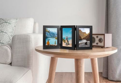 Black Double Photo Picture Frame 6 x 4, Holds 3 Standard Photographs, Freestanding, Twin Hinged 6x4 10 x 15 cm Picture Frames，Glass Front Stand Vertical on Desktop - color: Black, size: 3x46