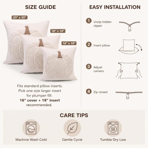 Fall Tufted Pumpkin Pillow Covers Set of 2 18x18, Farmhouse Beige - color: Beige, size: 18" x 18" (Pack of 2)
