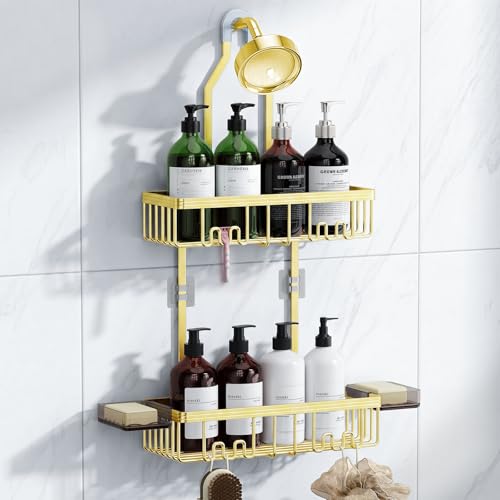 Shower Caddy Hanging, Shower Organizer Hanging, Aluminum Shower Racks for Inside Shower with Hooks for Razor, Never Rust Bathroom Organizers and Storage with Soap Holder, Gold