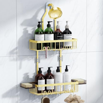 Shower Caddy Hanging, Shower Organizer Hanging, Aluminum Shower Racks for Inside Shower with Hooks for Razor, Never Rust Bathroom Organizers and Storage with Soap Holder, Gold