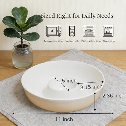 11'' Ceramic Chip and Dip Tray, Middle Size Divided Serving Set for Parties, Mixing Bowl Sets for Salsa, Snack, Veggies, Dumpling, Fruit, Salad, Fruit, Entertaining, Hosting, Ivory White