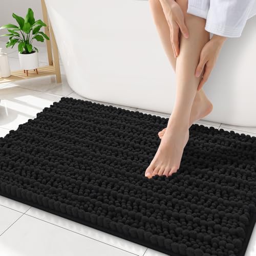 Smiry Bathroom Rugs 34X21, Extra Soft Rubber Backing Chenille Bath Mats | Black Machine Washable Non Slip Quick Dry Bath Mats for Bathroom Floor, Tub, Shower, Home Decor Accessories - color: Black, size: 34'' X 21''