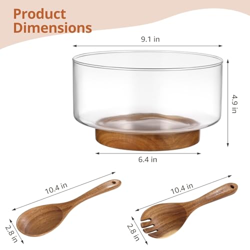 OMISTAR 3.8 Qt Glass Salad Bowl Set with Acacia Wood Base and Salad Servers | Dishwasher-safe for easy cleanup; made for pasta, fruit, trifle and generous sides at family dinners, potlucks and holidays