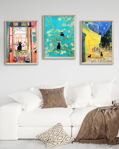 UPWOIGH Classic Art Black Cat Framed Wall Art, 12 x 16 Inch, Set of 3 | Matisse and Van Gogh Inspired Scenes, Colorful Black Cat Prints, Beige Oak Wood Frames for Bedroom, Office and Gallery Wall - color: Pink and Yellow