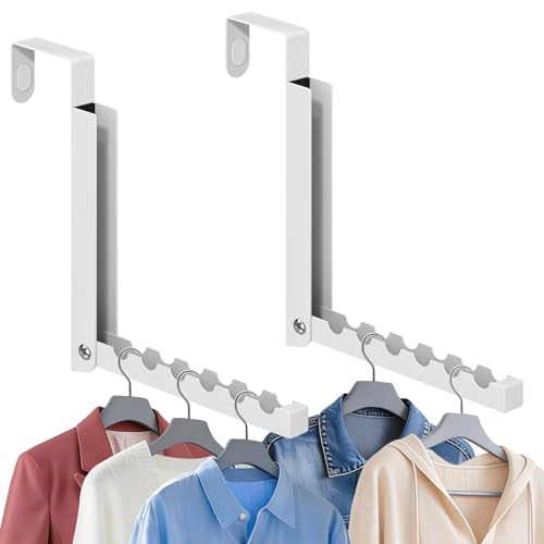 2 Pack Over The Door Hooks, 6 Hooks Foldable Door Hanger Clothes Drying Rack, Portable Space Saving Organizer for Entryway Bedroom Laundry Room Travel, White