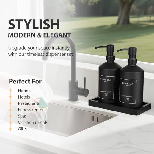 Matte Black Soap Dispenser Set, 17 OZ Hand and Dish Soap Dispenser Set, Bathroom Refillable Soap and Lotion Dispenser Set with Stainless Pump, Modern Liquid Soap Bottle Set(Black Bottle/Black Pump) - color: Black Bottle + Black Pump