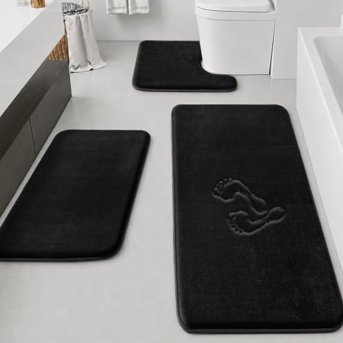 Bathroom Rugs Sets 3 Piece, Non-Slip & Quick Dry Bath Mat Set, Ultra Soft Velvet Bath Rugs for Bathroom, Toilet and Shower Floor, Black - color: Black, size: 20"x32"+24"x60"+U Shape 20"x24"
