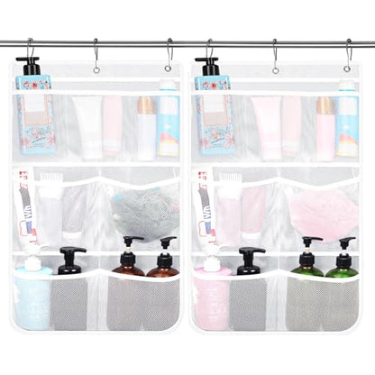 2 Pack Mesh Hanging Shower Caddy, 7-Pocket Bathroom Organizer | Quick-Dry Polyester Mesh, 3 Metal Hooks, Foldable For Dorm, Cruise, Rv, Camping And Home Use
