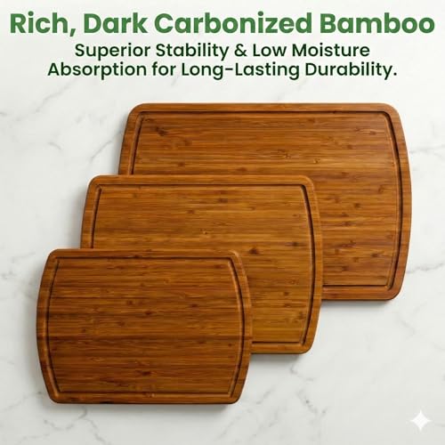 LUXURIOUS Bamboo Cutting Board 3-Piece Set with Carbonized Vertical Grain Strength Technology - Extra Large Wooden Cutting Boards for Kitchen with Deep Juice Grooves - Lifetime Replacements - color: Carbonized Dark Brown