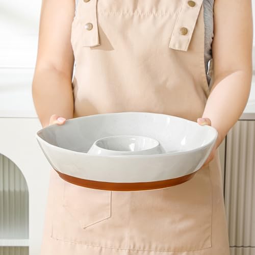 MALACASA Ceramic Chips and Dip Serving Tray, 12 Inch Dip Serving Tray | Free-Form Divided Ceramic Chips and Dip Bowls for Parties, Hosting and Entertaining, Khaki Gray - color: Khaki Gray