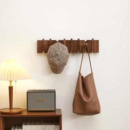 Wood Coat Rack Wall Mount, Coat Hooks Hanger Wall Mounted, Heavy Duty Wall Coat Rack with 6 Hooks for Hanging Coats/Keys/Hats/Robe&Towels/Plants/Bags, Walnut - size: 6 Hooks