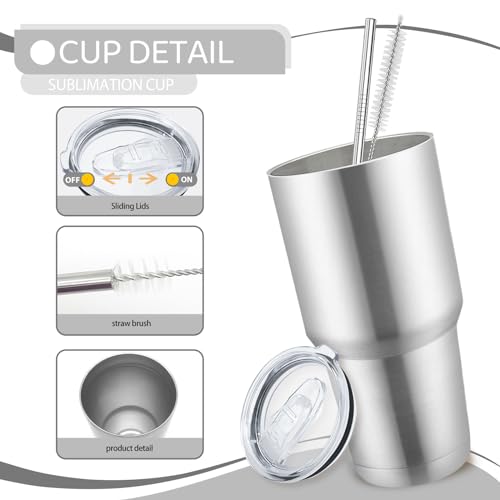 YOUKE OLA 8 Pack Stainless Steel Insulated Tumbler with Lids and Straws Bulk Double Wall Vacuum Insulated Coffee Travel Tumbler for DIY Gift (Silver, 30oz)