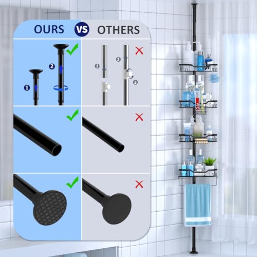 Shower Caddy Corner, 4 Tier Adjustable 48 to 115 Inch Adjustable Rustproof Corner Shower Caddy Tension Pole, Floor Standing Bath Rack with Rod (4 Tier - Triangular)