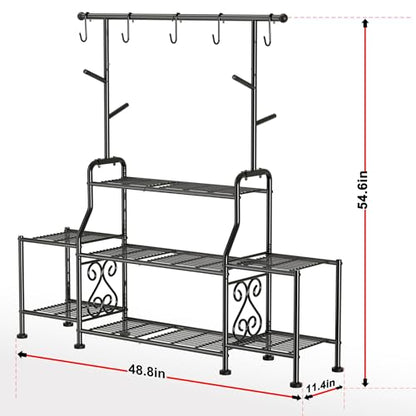 GIOTORENT 3-Tier Tall Metal Plant Stand Indoor Outdoor - Heavy Duty Plant Shelf for Garden, Patio, Balcony with 5 Hanging Hooks, Holds 16-25 Plants, Black - size: D-3Tier-Longer